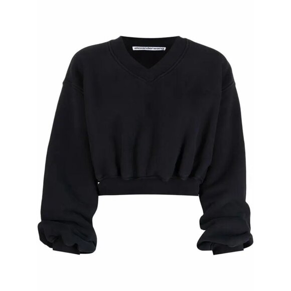 Alexander Wang Black Cropped V-Neck Balloon Sleeve Sweatshirt Size M - Picture 1 of 11
